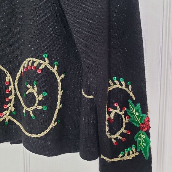 Design Options Holly Berry Cardigan Beaded Sequin Holiday Sweater Womens Sz XL - Picture 9 of 12